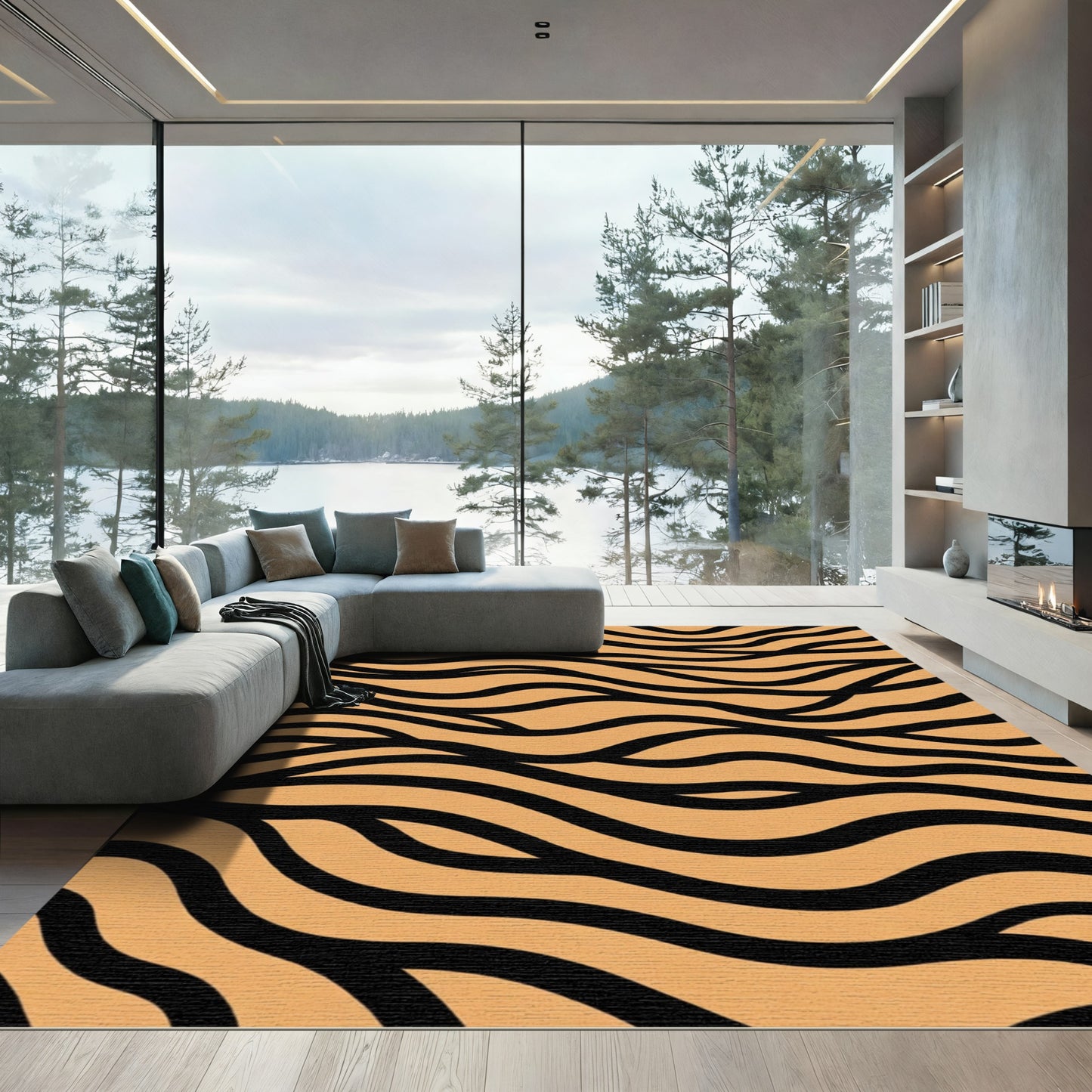 Golden Amber Black Wave Stripe Rug