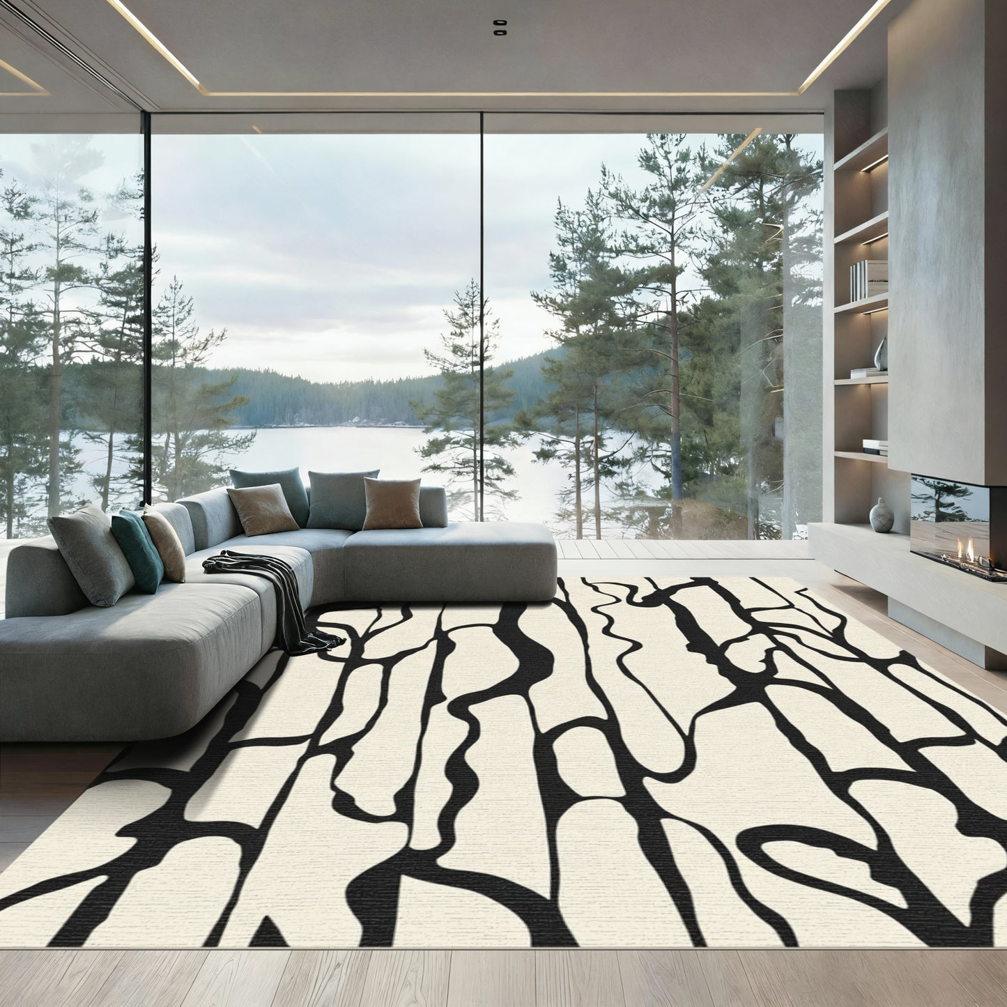 Cream Black Organic Tonal Lines Rug
