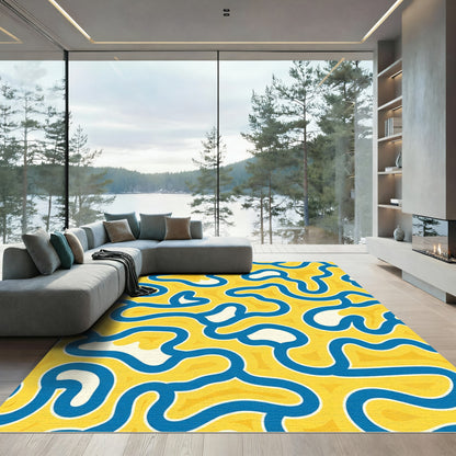 Yellow Blue Abstract Flowing Lines Rug