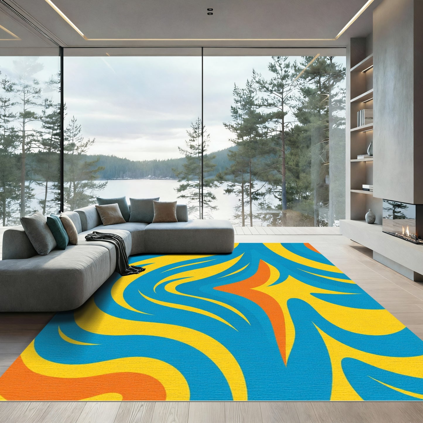 Bold Orange Blue Yellow Swirl Rug