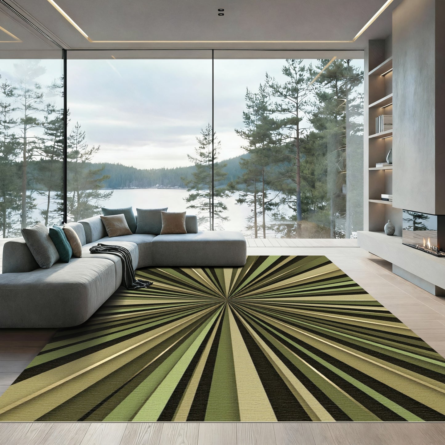 Olive Green Sunburst Radiating Lines Rug