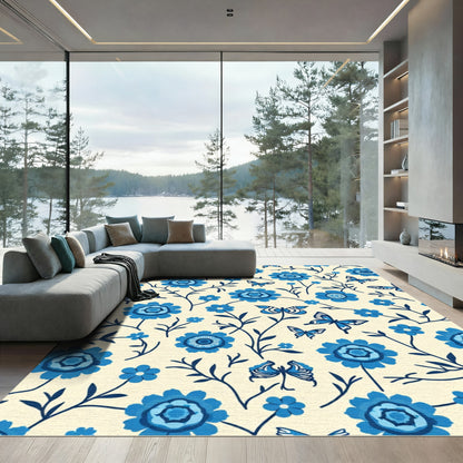 Charming Blue Floral Butterfly Garden Rug