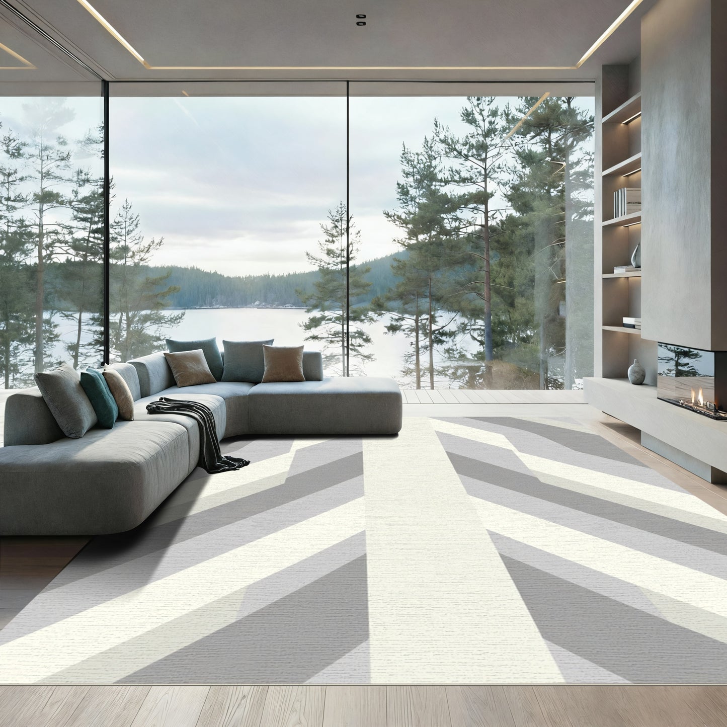 Modern Gray Geometric Band Rug