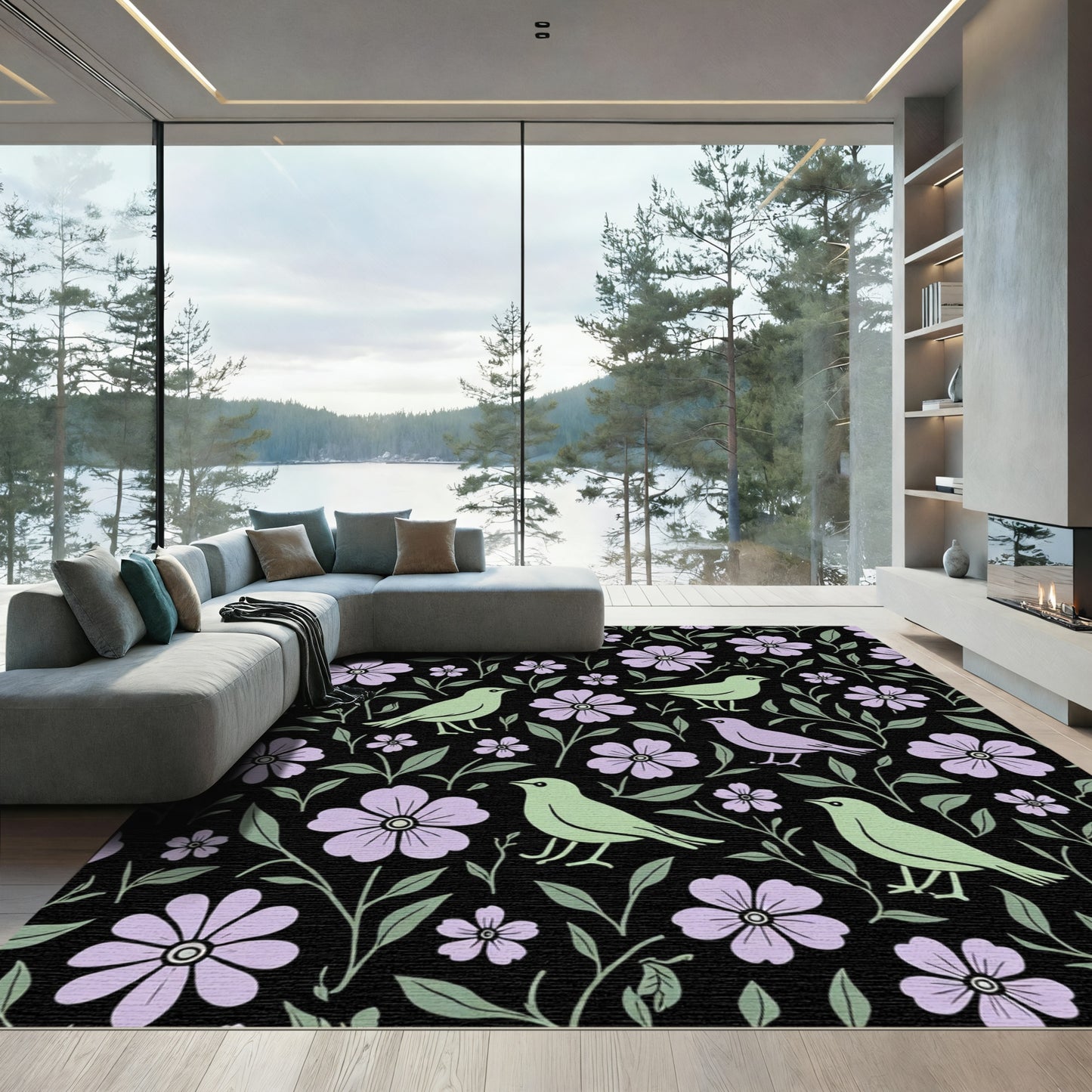Pastel Birds Lilac Floral Vines Rug