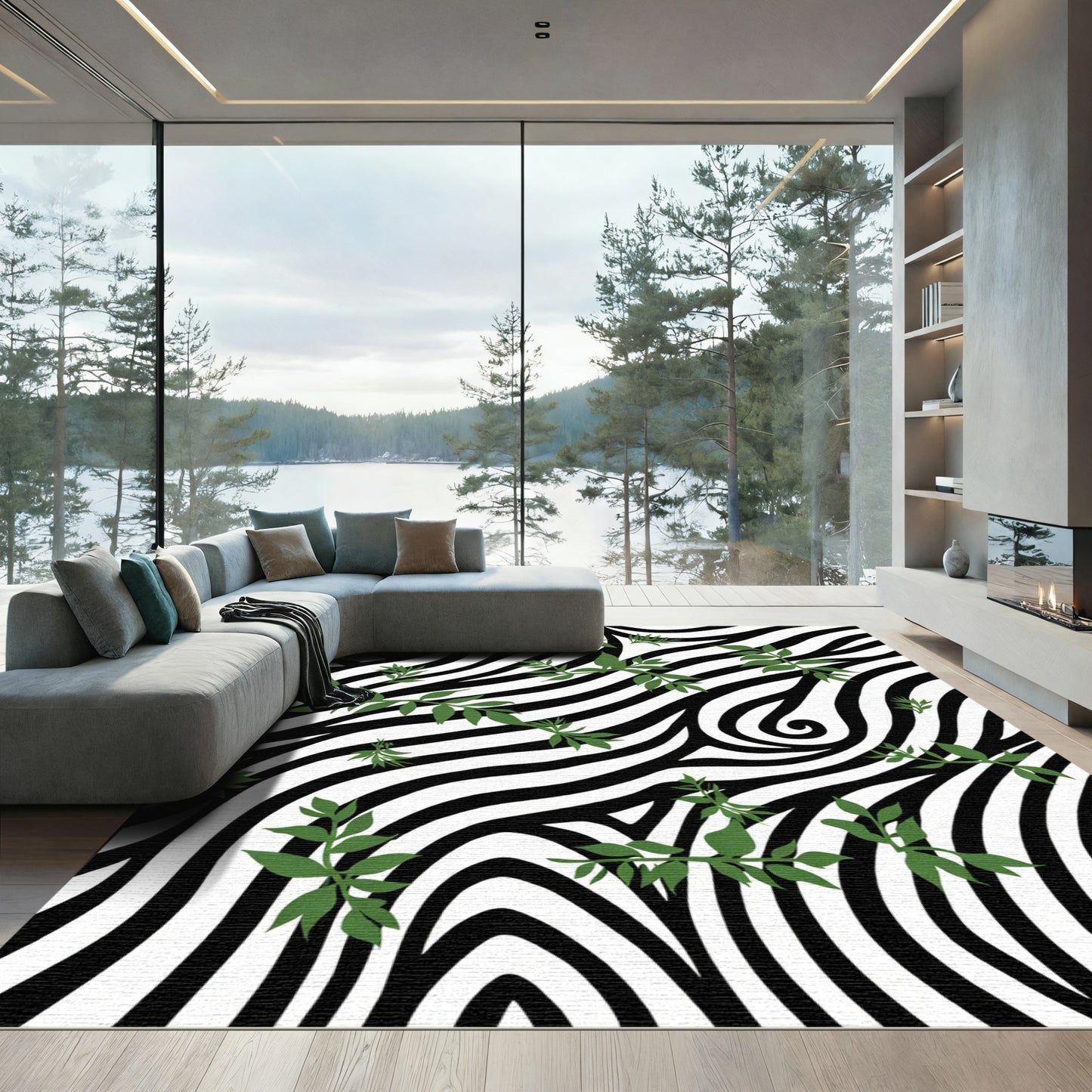 Zebra Greenery Vine Swirl Rug