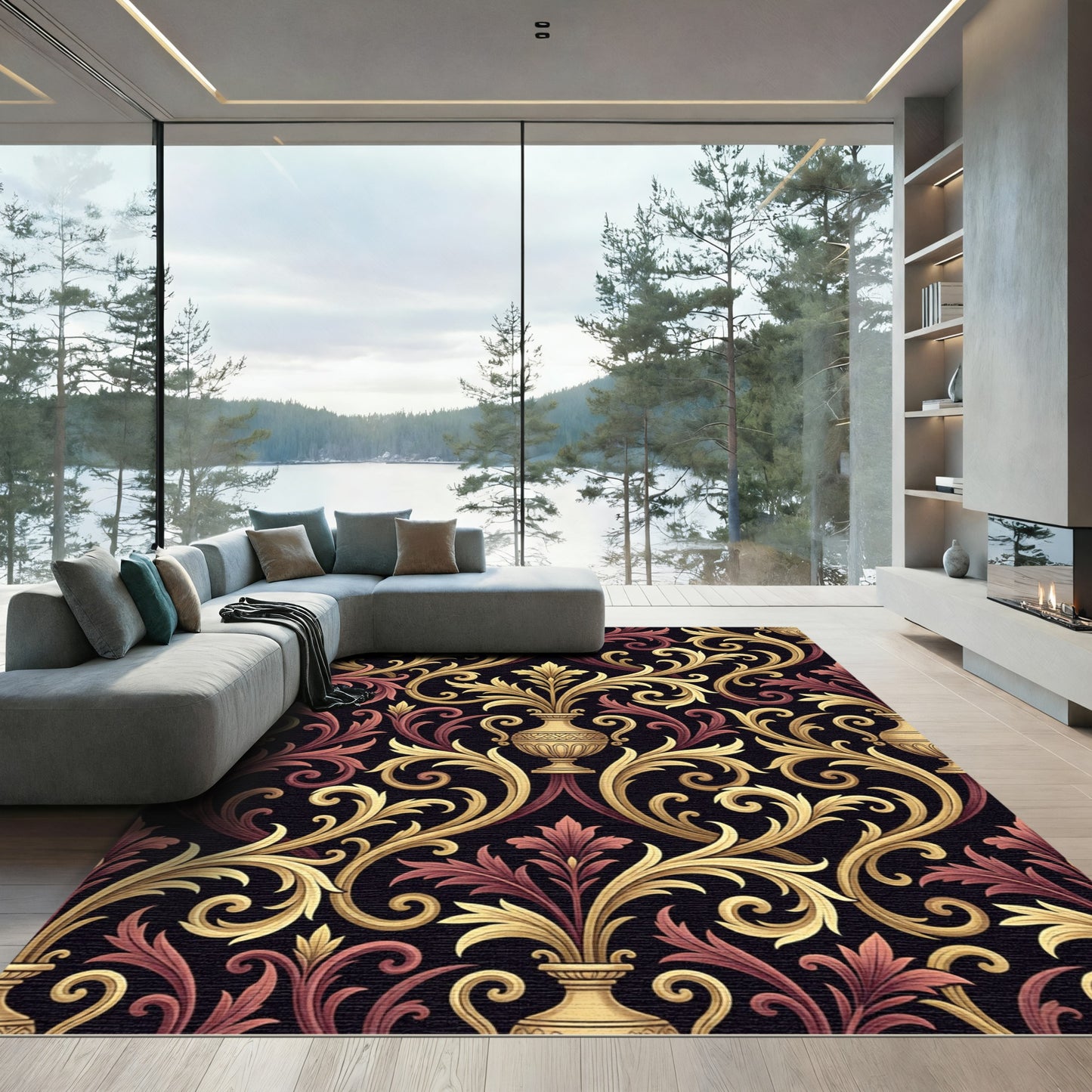 Gold and Red Baroque Flourish Urn Rug