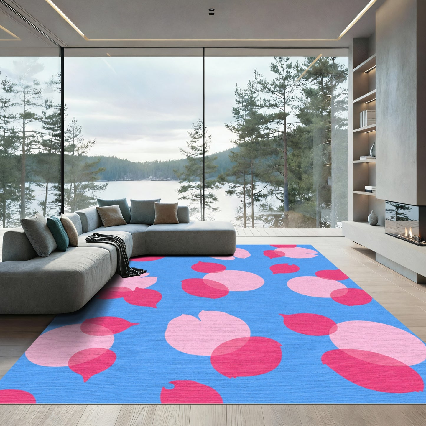 Pink Petal Scatter on Blue Rug