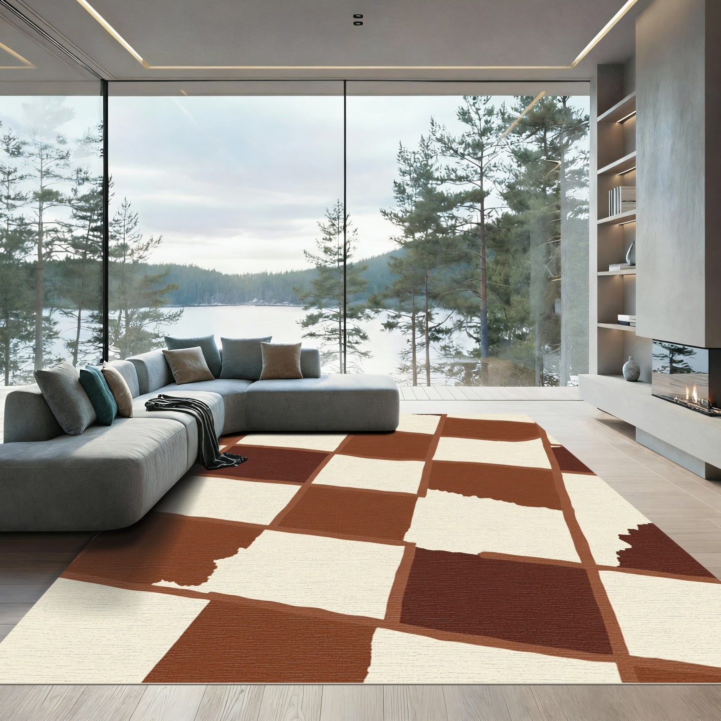 Brown Cream Checkerboard Square Rug