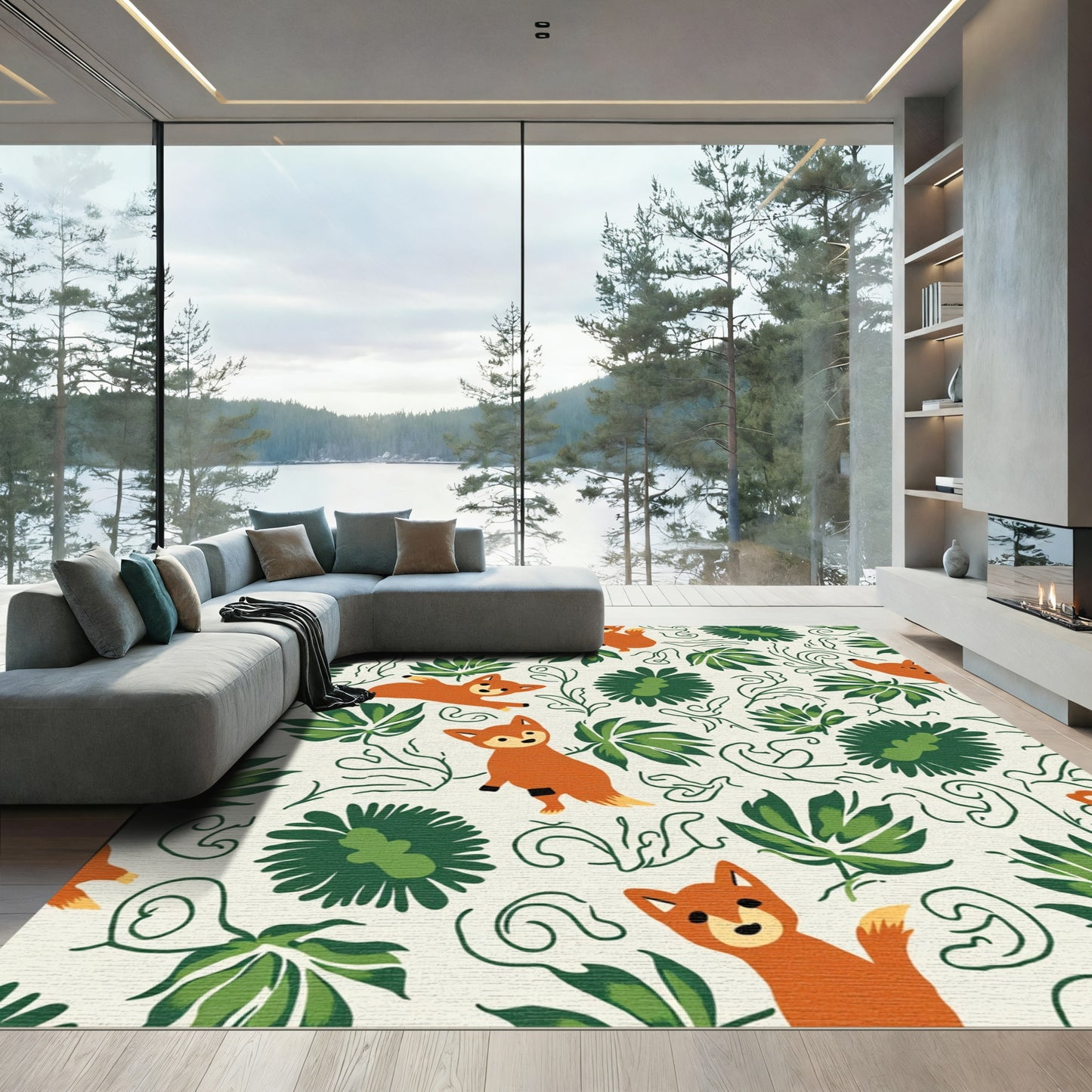 Whimsical Amber Fox Green Floral Swirls Rug