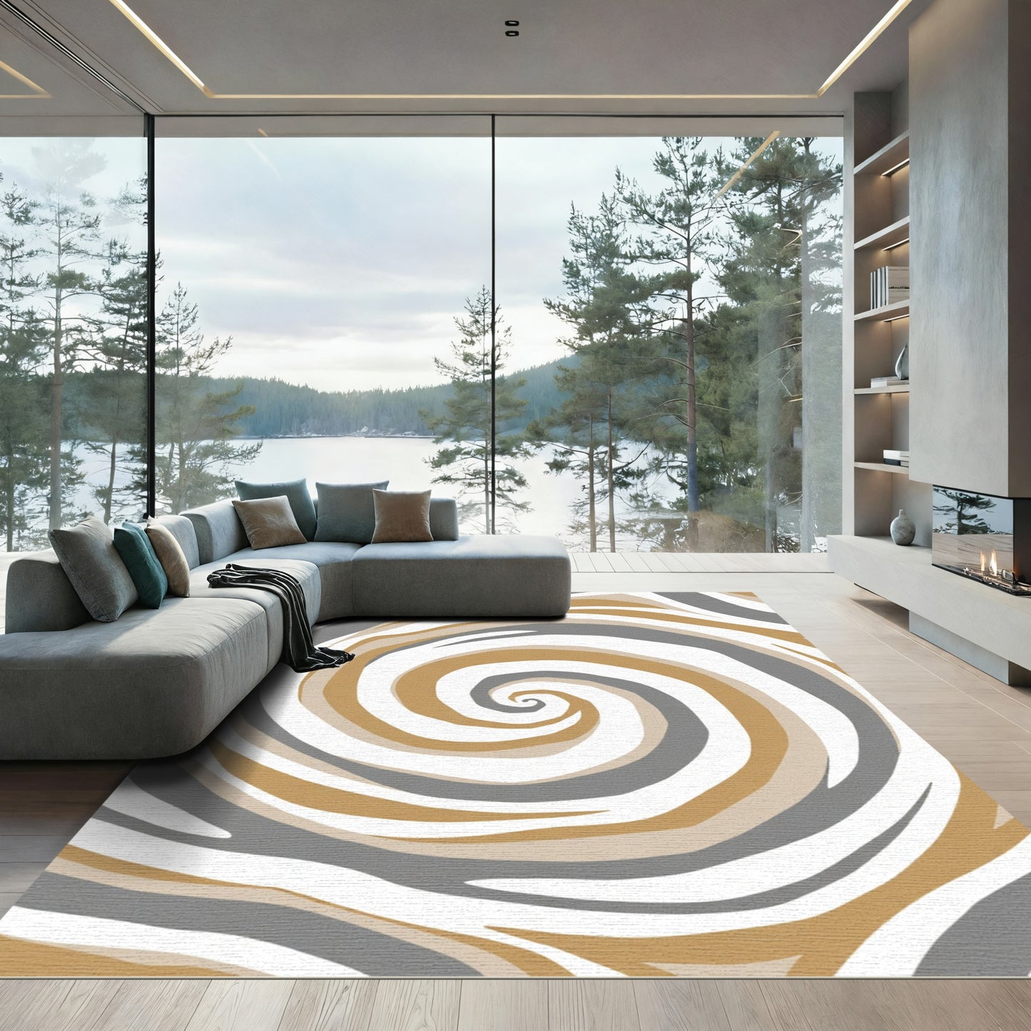 Modern Gold Gray Swirl Lines Rug
