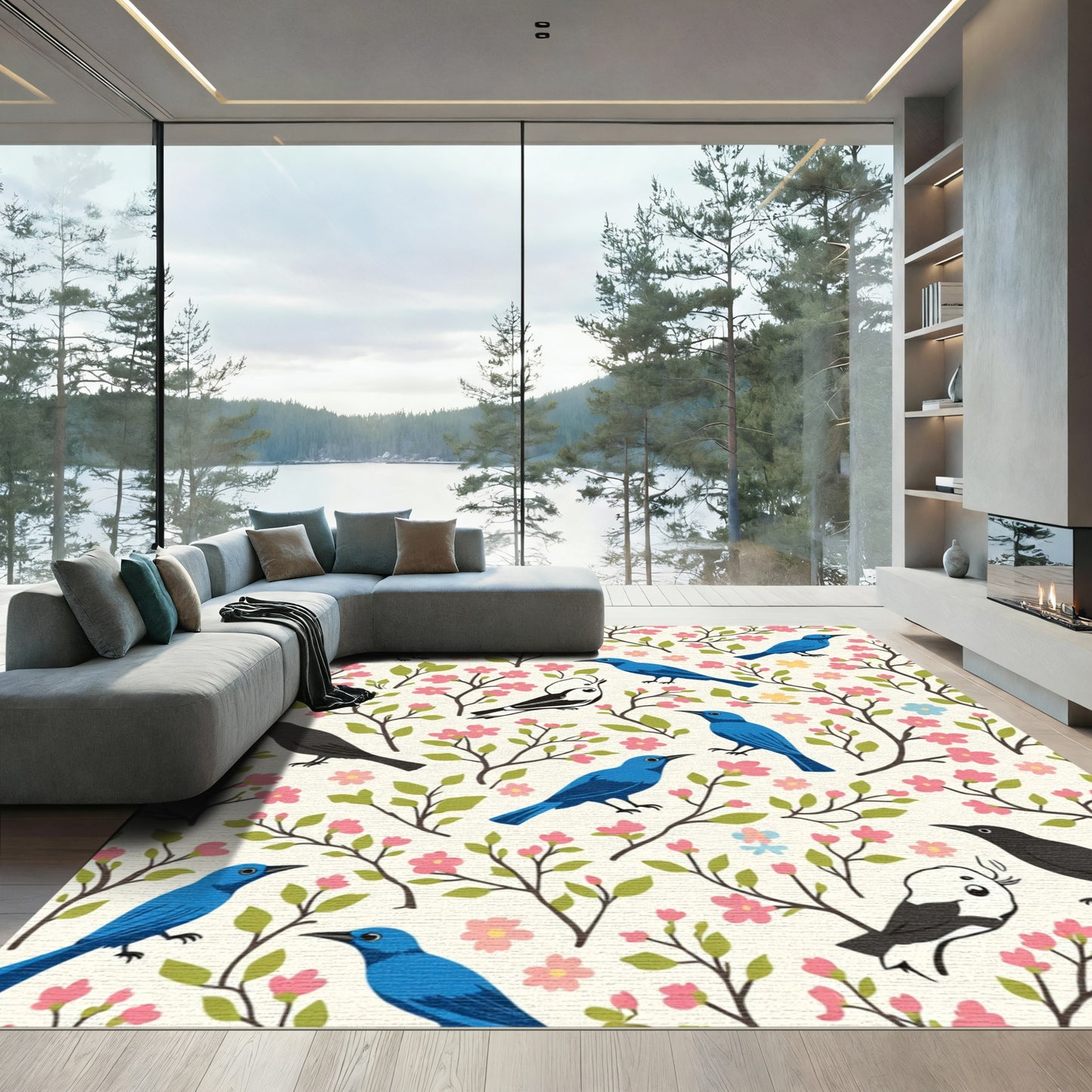 Pink Blossom Birds On Cream Background Rug
