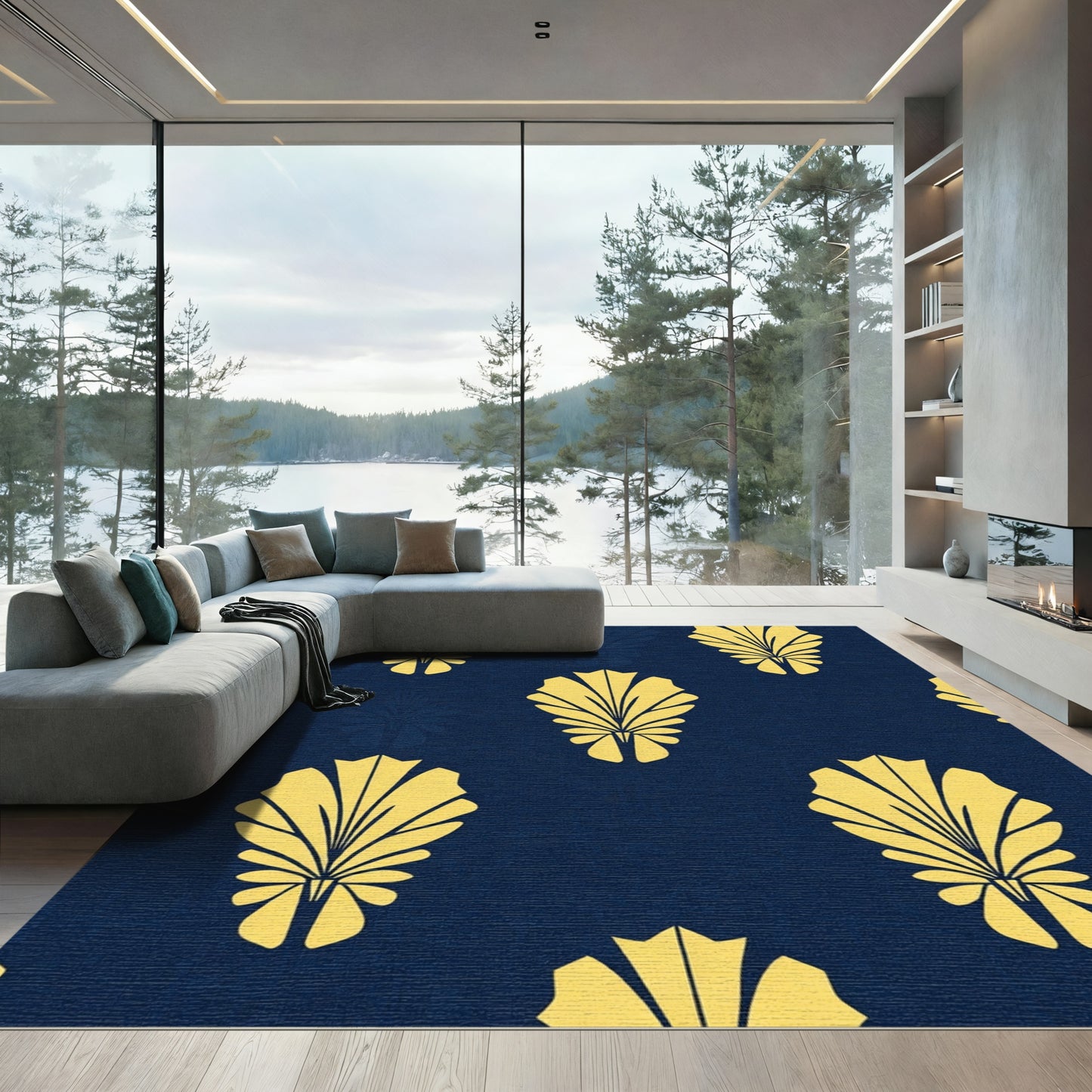 Golden Fan Navy Repeating Rug