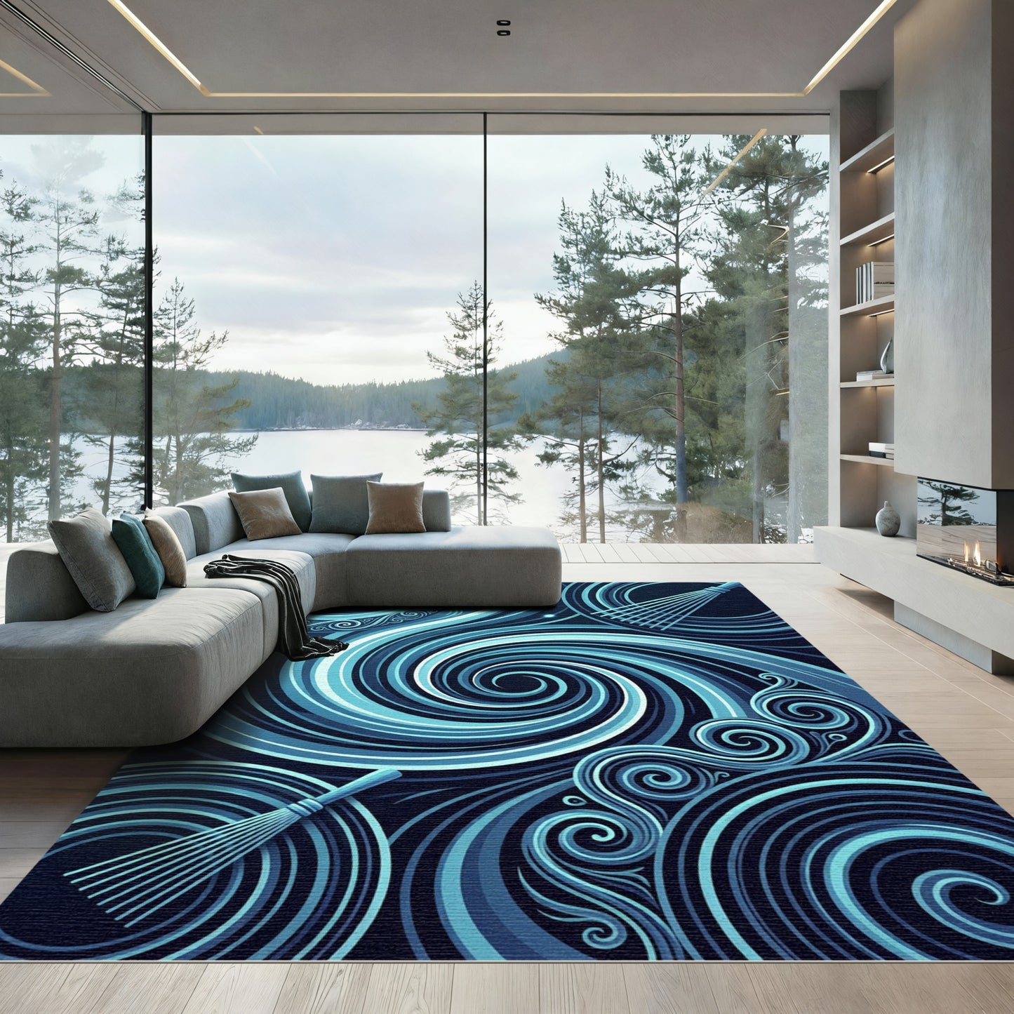 Deep Blue Swirling Abstract Lines Rug