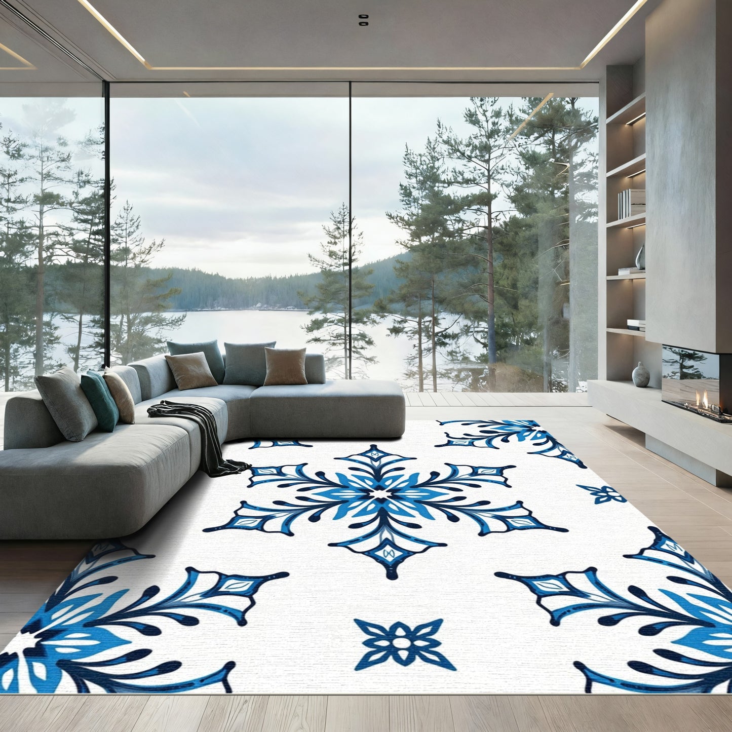 Azure Blue Stylized Snowflake Rug