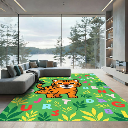 Playful Tiger Alphabet Jungle Scene Rug