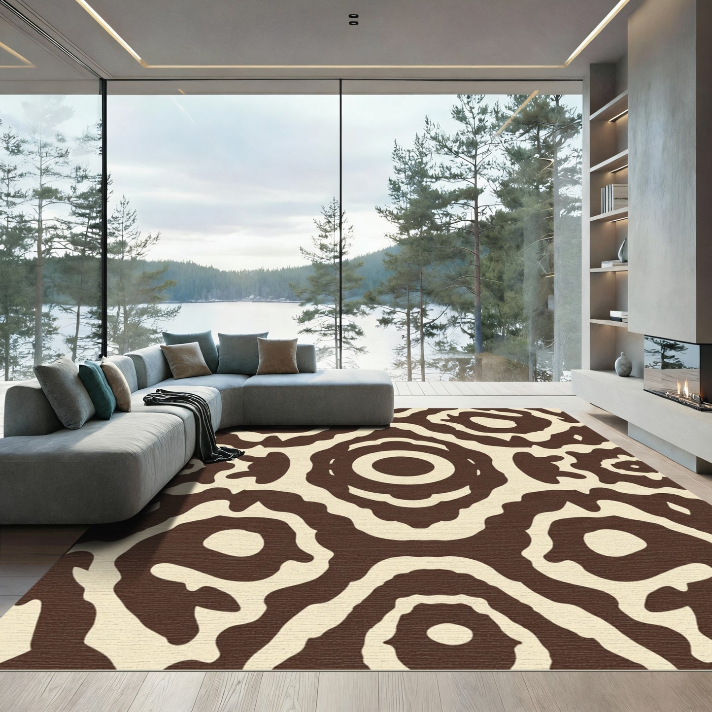 Brown Cream Organic Abstract Circles Rug