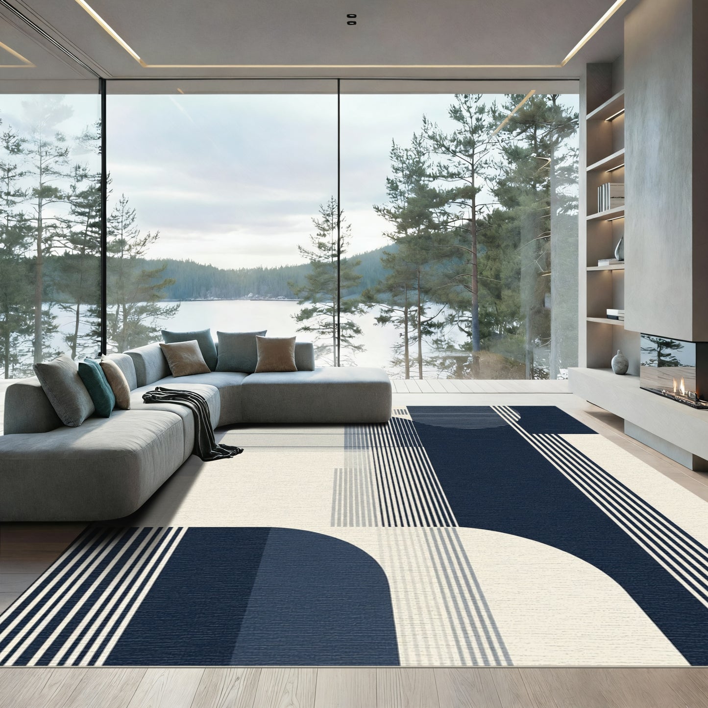 Navy Cream Abstract Geometric Stripe Rug
