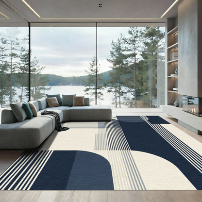 Navy Cream Abstract Geometric Stripe Rug