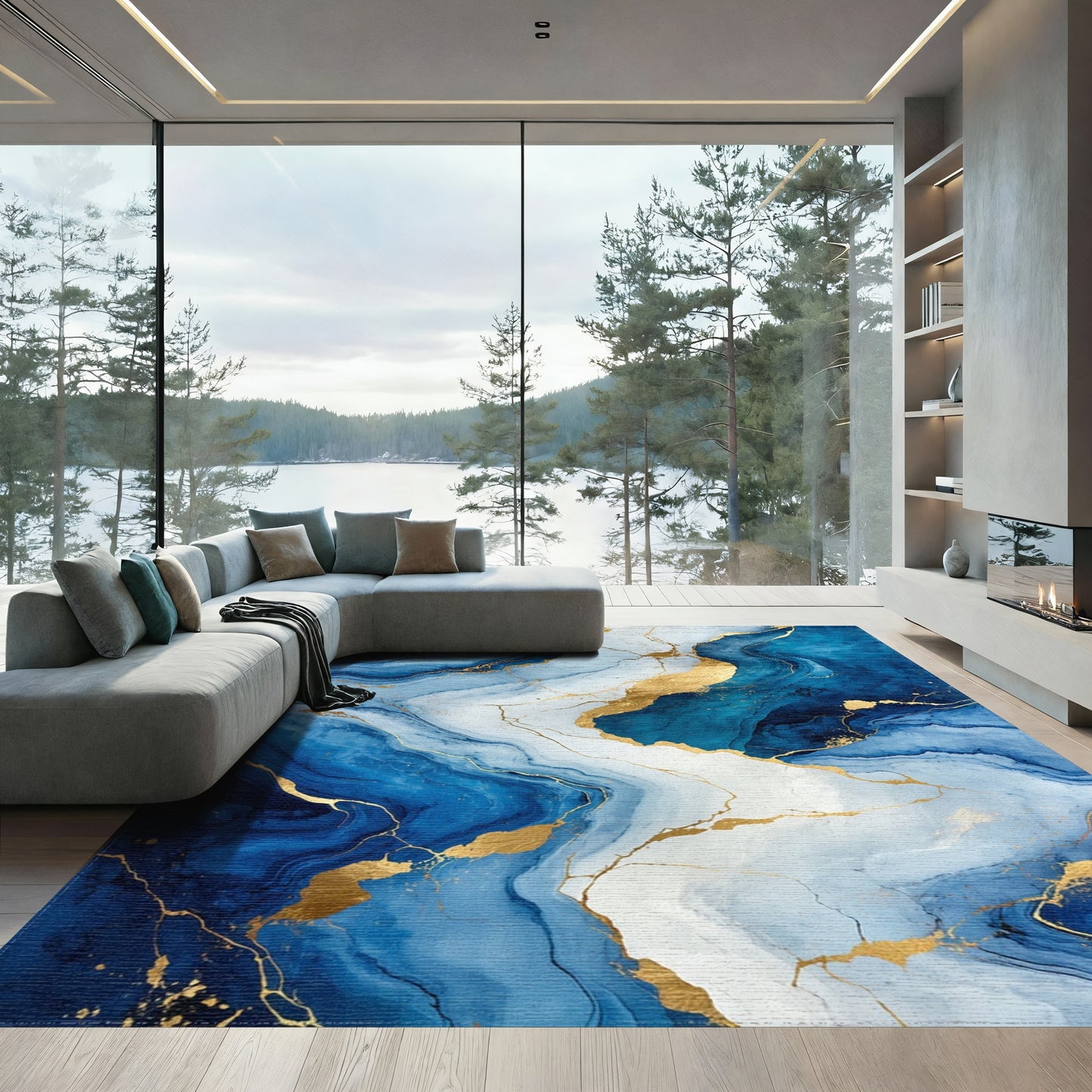 Navy Gold Veined Marble Rug