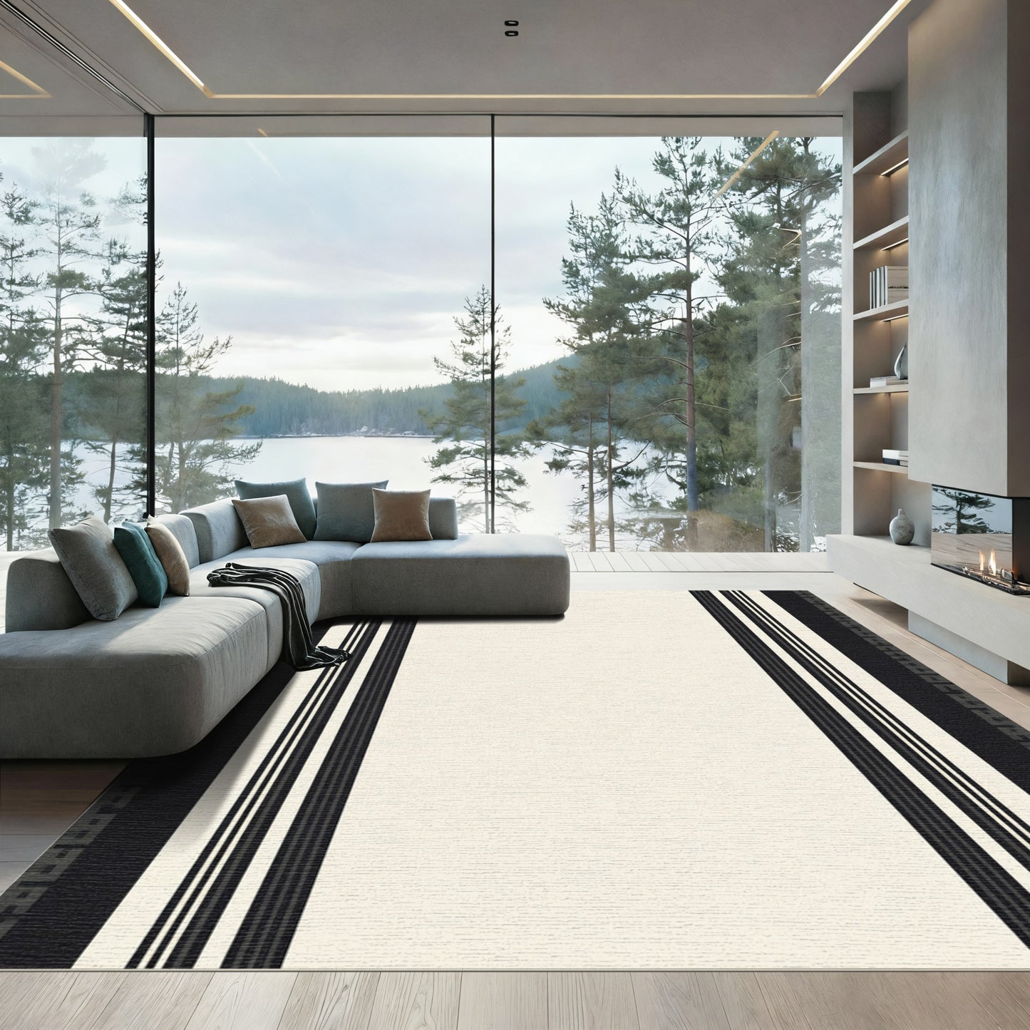 Modern Black White Striped Geometric Rug