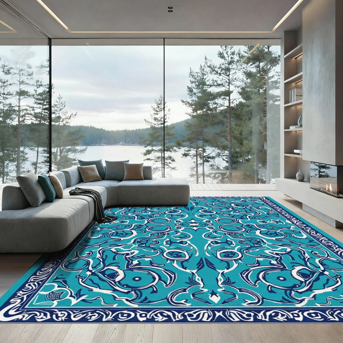 Oceanic Blue Whimsical Swirl Medallion Rug