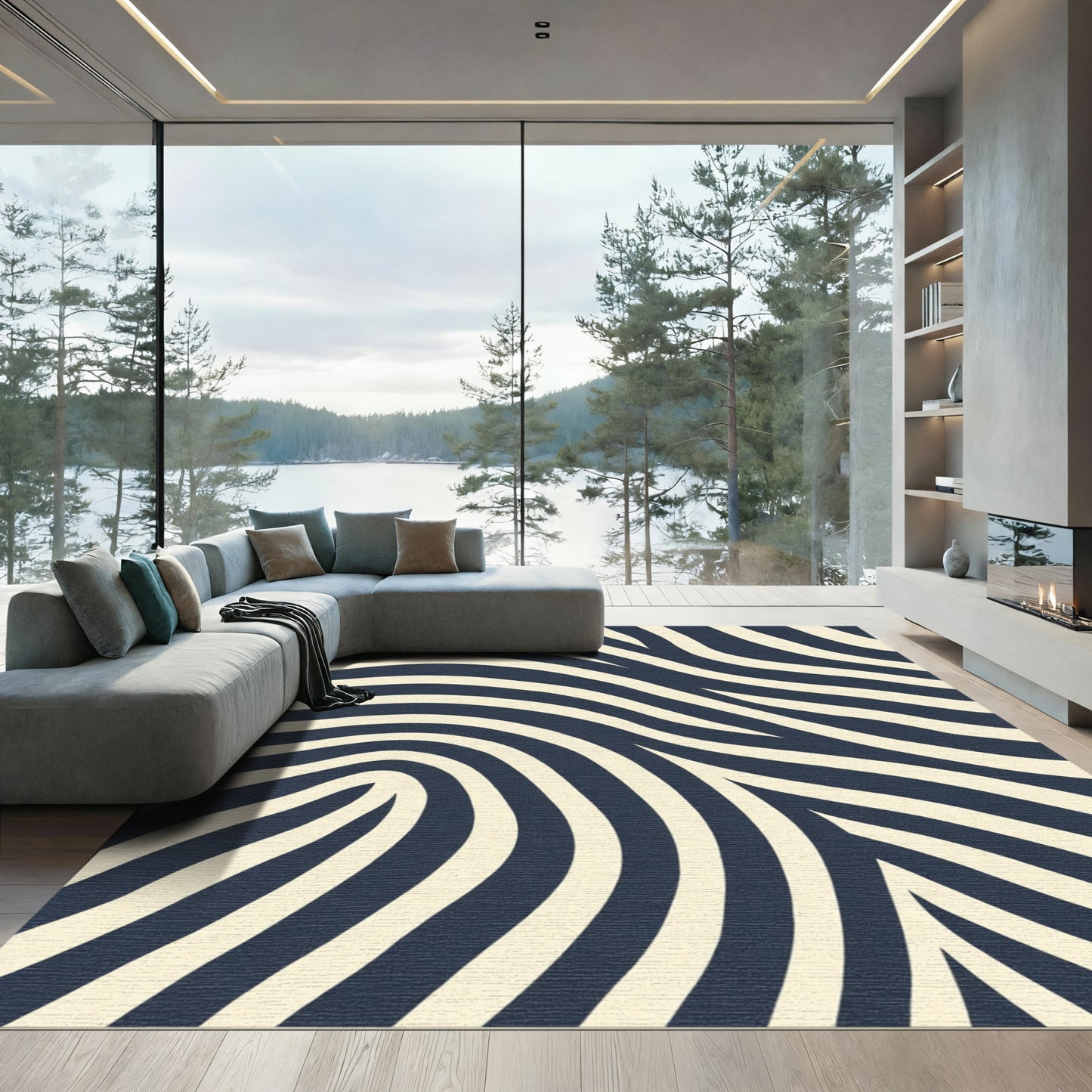 Dark Navy Cream Abstract Stripe Rug