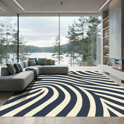 Dark Navy Cream Abstract Stripe Rug