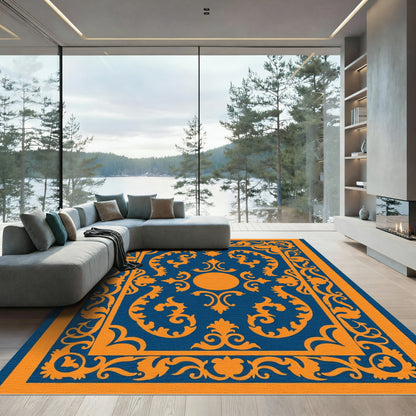 Royal Blue Orange Scrollwork Medallion Rug