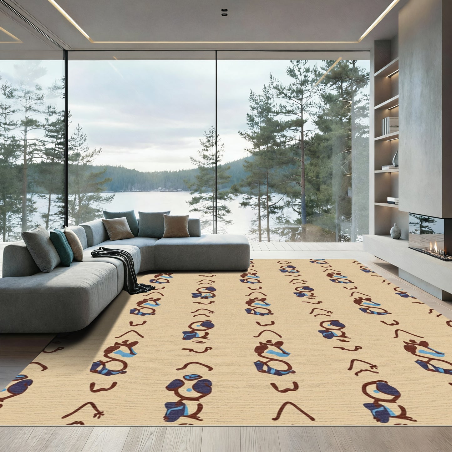 Brown Blue Animal Character Striped Rug