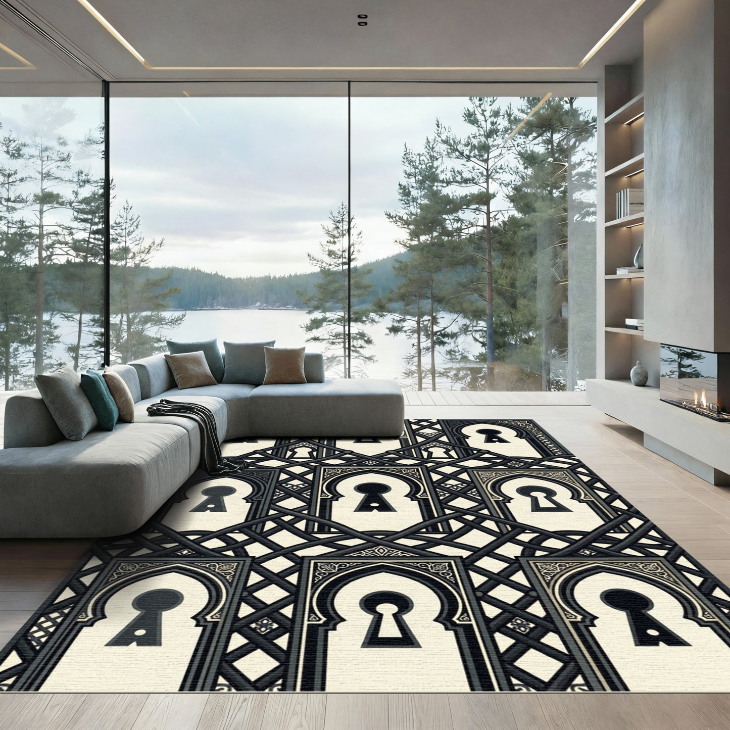 Black Cream Keyhole Archway Tapestry Rug