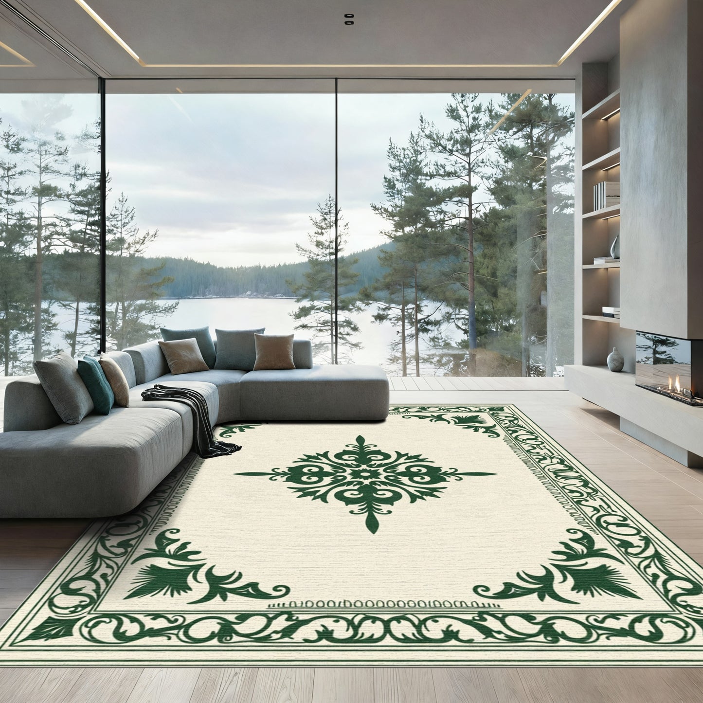 Ornate Dark Green Scroll Medallion Border Rug