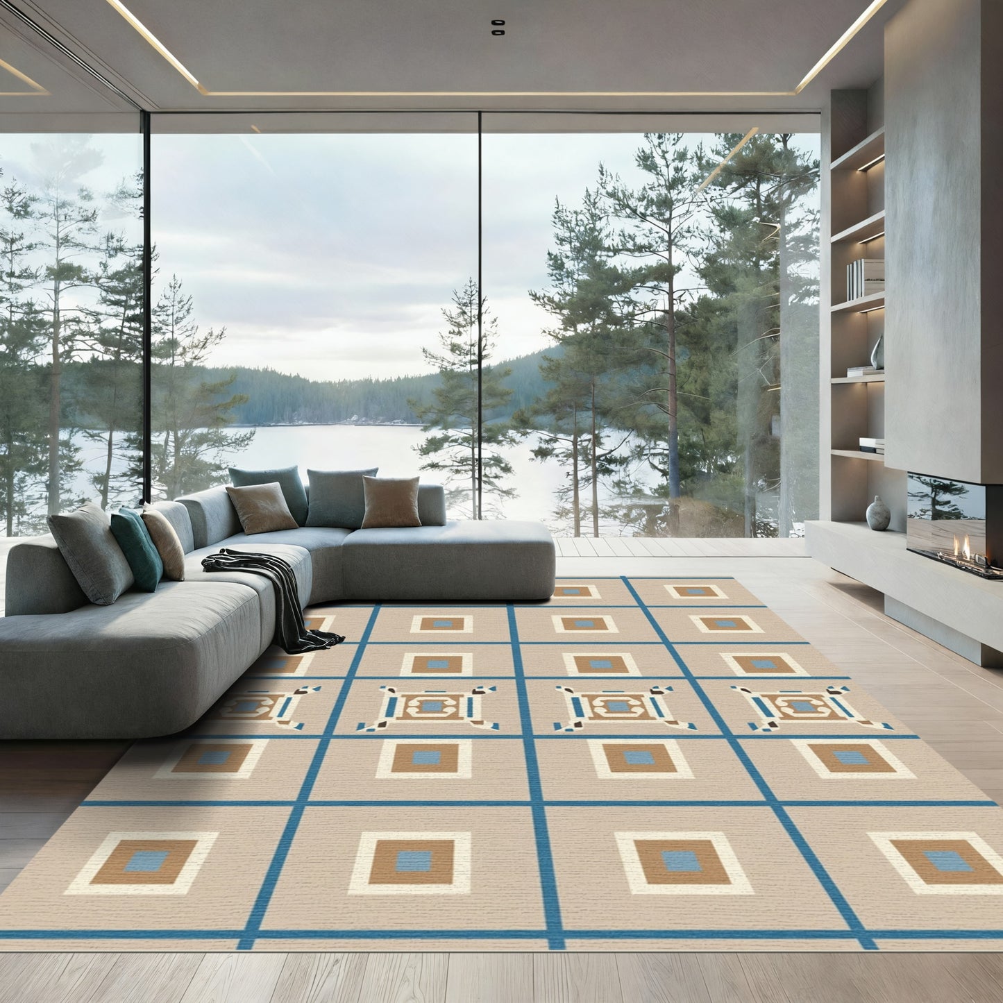 Geometric Blue Tan Square Repeat Rug