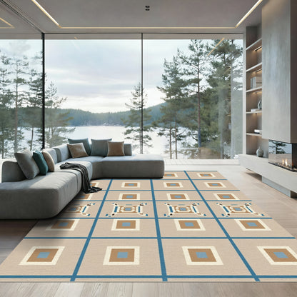 Geometric Blue Tan Square Repeat Rug