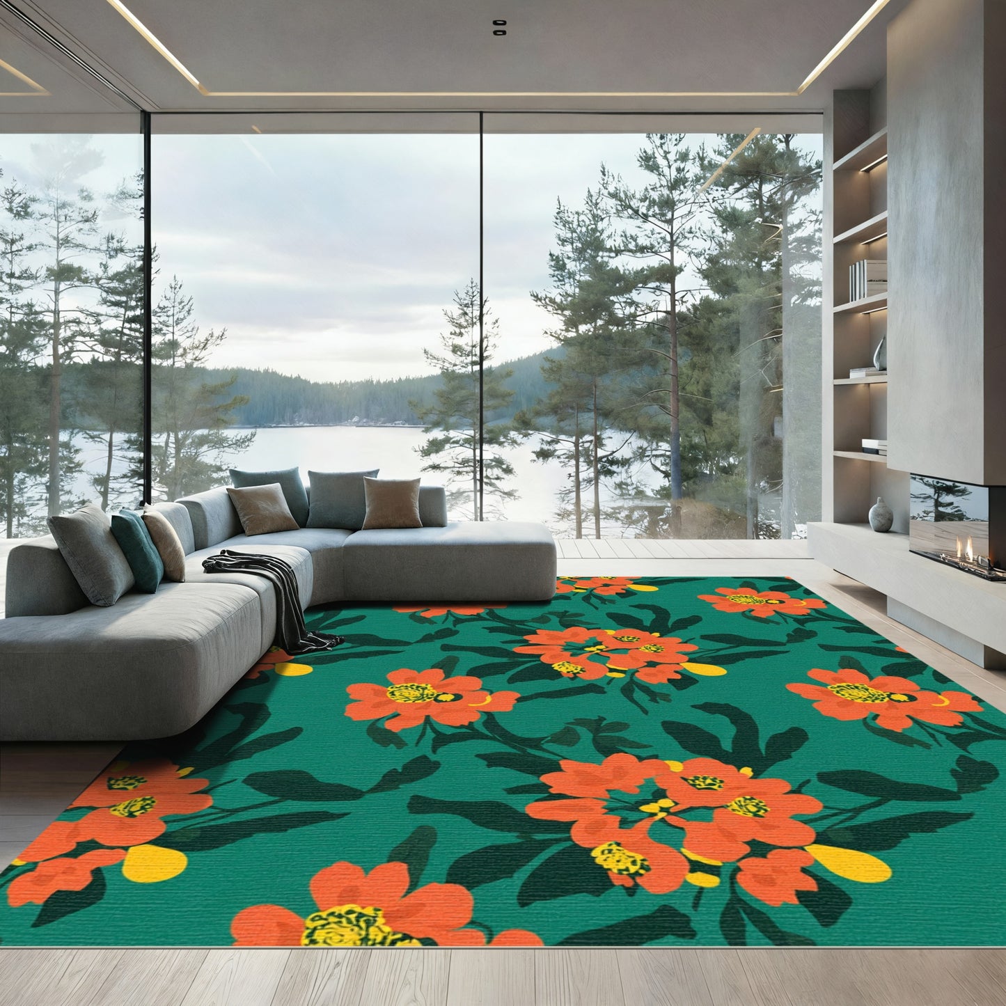Bold Orange Blossom Teal Floral Rug