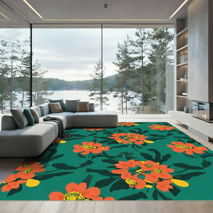 Bold Orange Blossom Teal Floral Rug