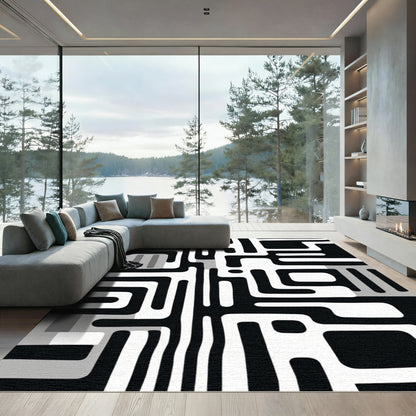 Monochrome Abstract Maze Geometric Rug
