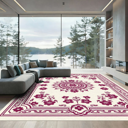 Deep Red Floral Mandala Border Art Rug