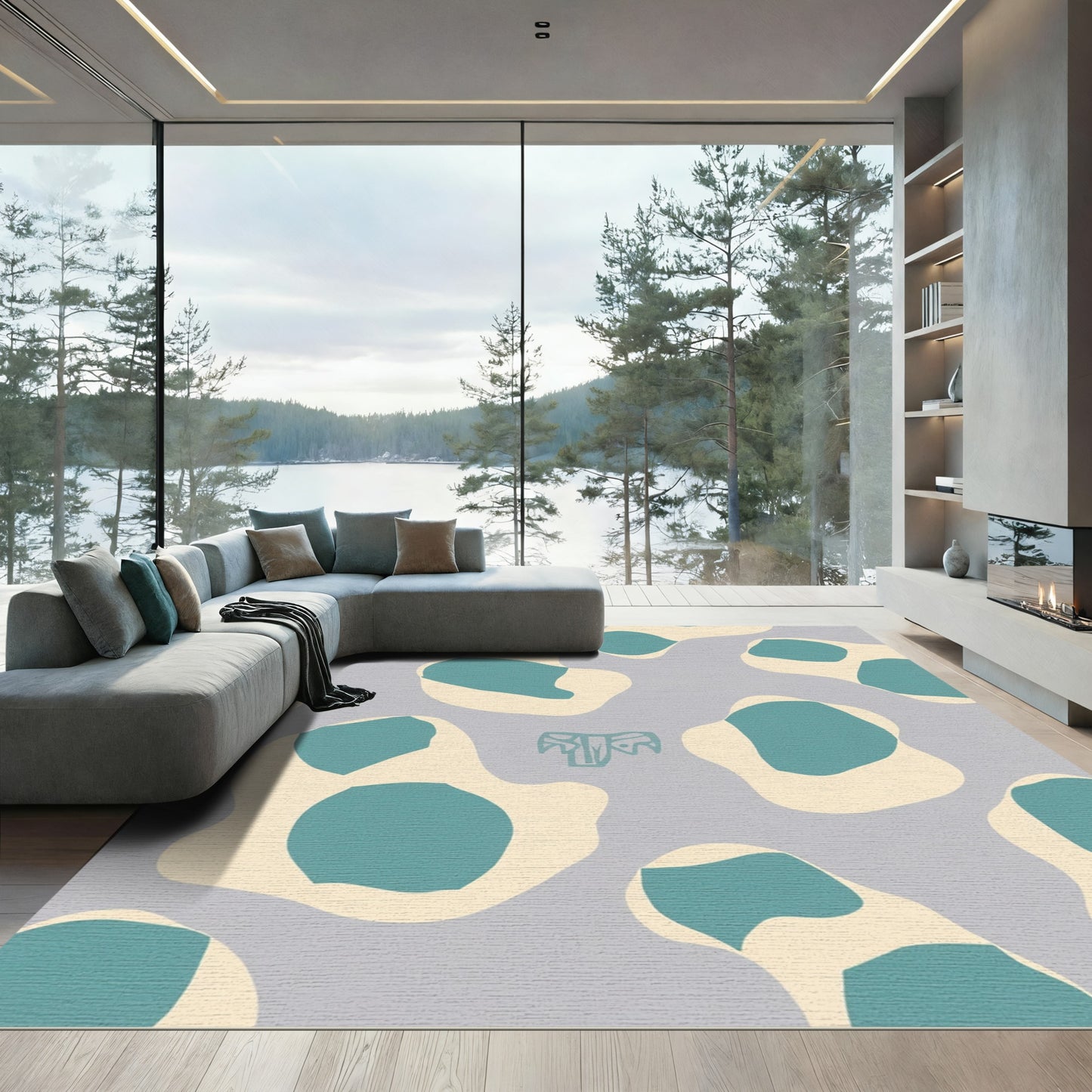 Organic Teal Ivory Abstract Terrain Rug
