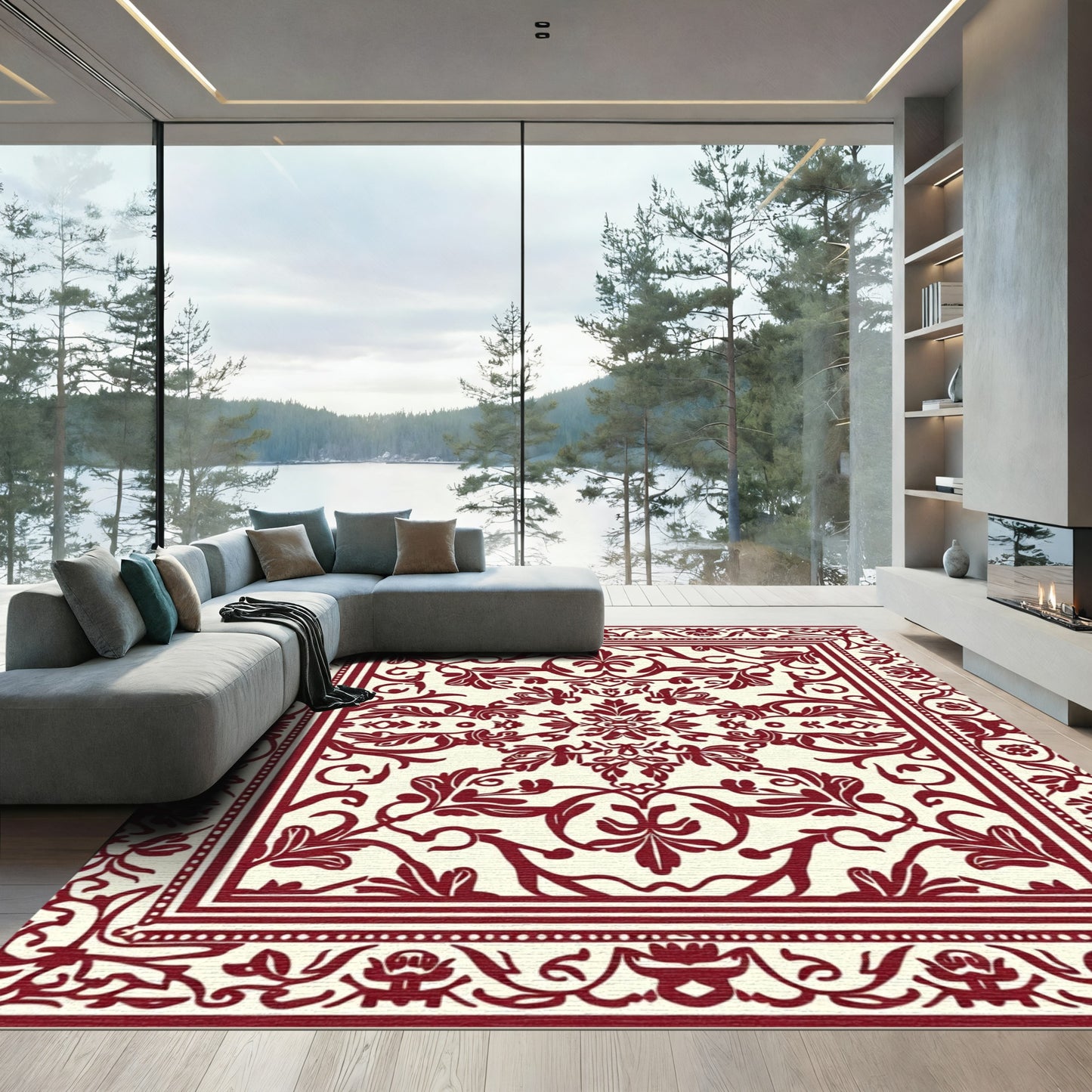 Deep Crimson Floral Baroque Rug