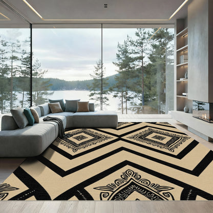 Ecru Black Geometric Diamond Medallions Rug