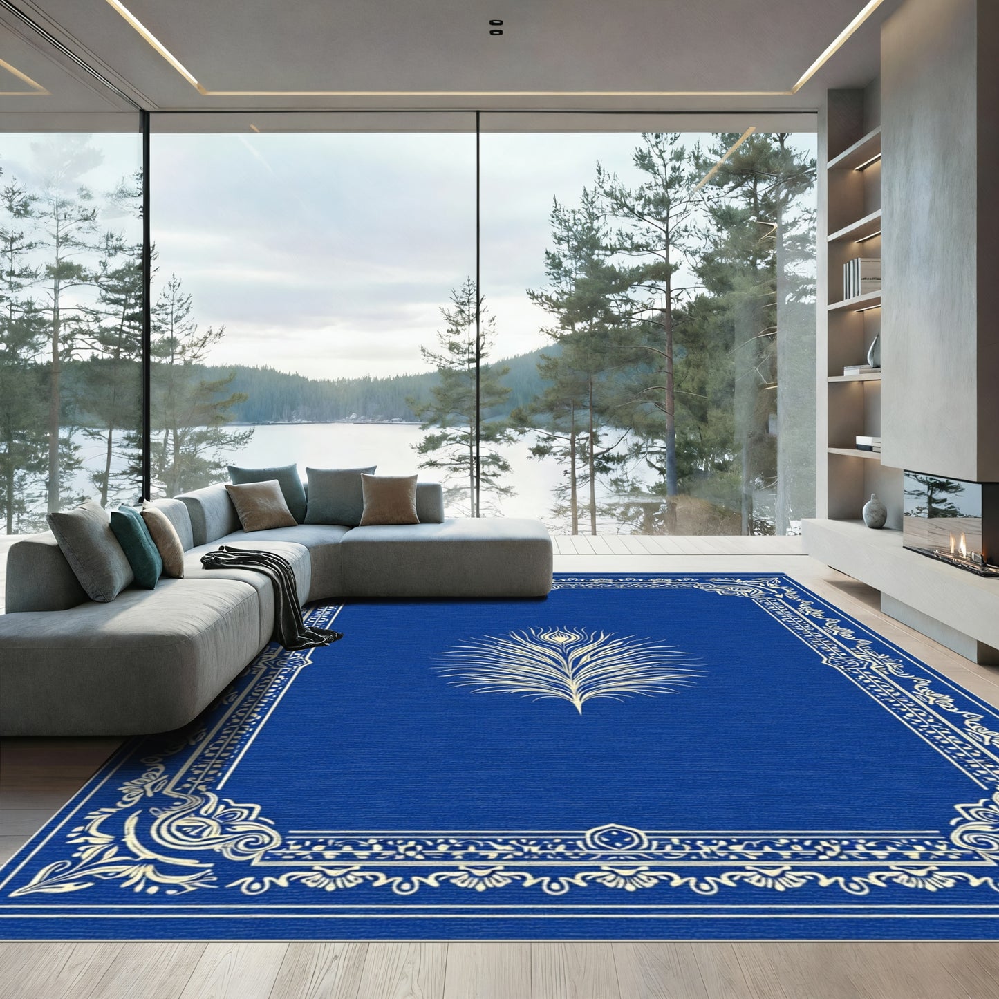 Deep Blue Ornate Peacock Feather Rug