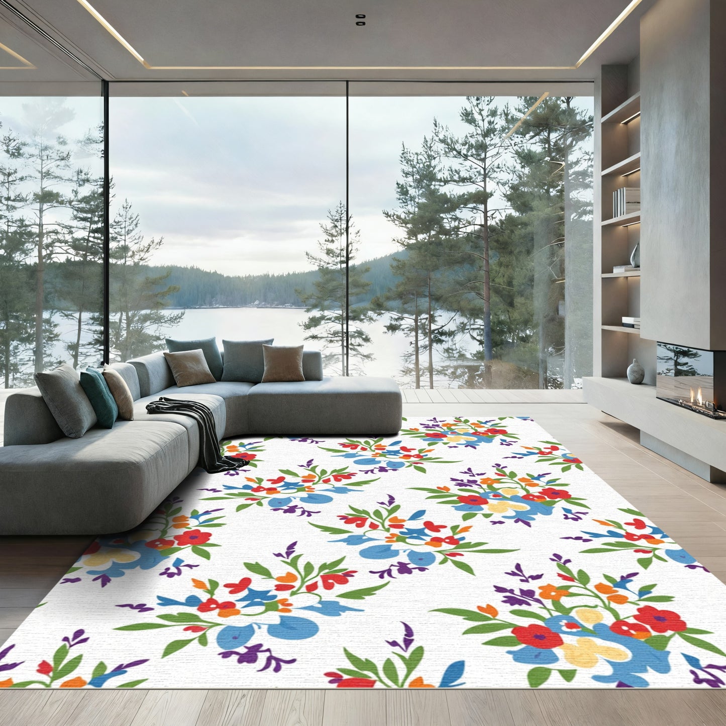 Vibrant Red Blue Orange Floral Bouquet Rug