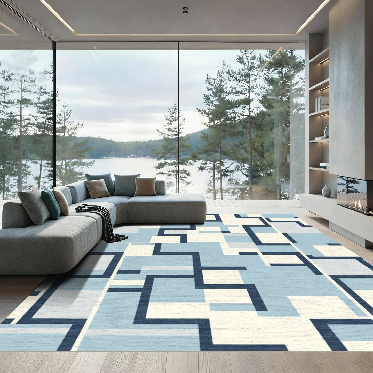 Navy Blue Geometric Layered Square Rug