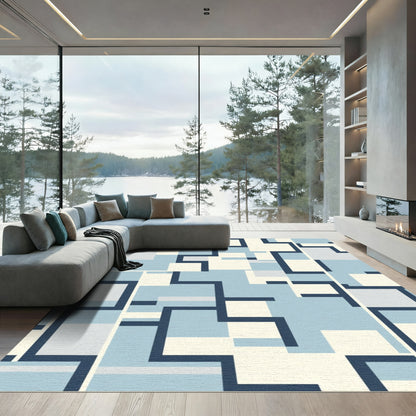 Navy Blue Geometric Layered Square Rug