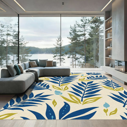 Deep Blue Leafy Tropical Collage Rug