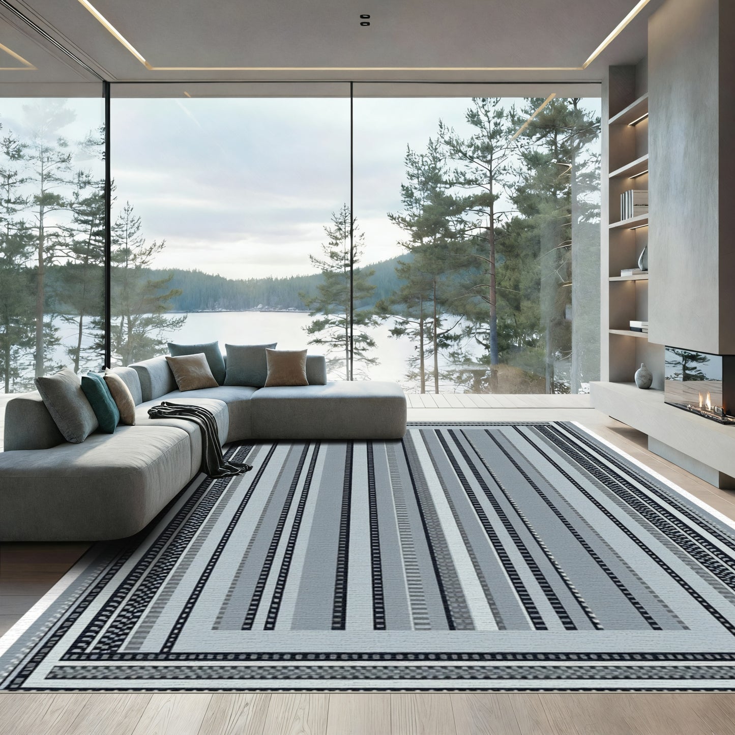 Modern Blue Gray Striped Border Rug