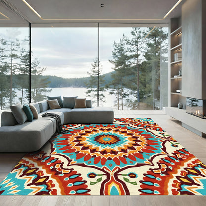 Vibrant Teal Red Mandala Pillow Rug