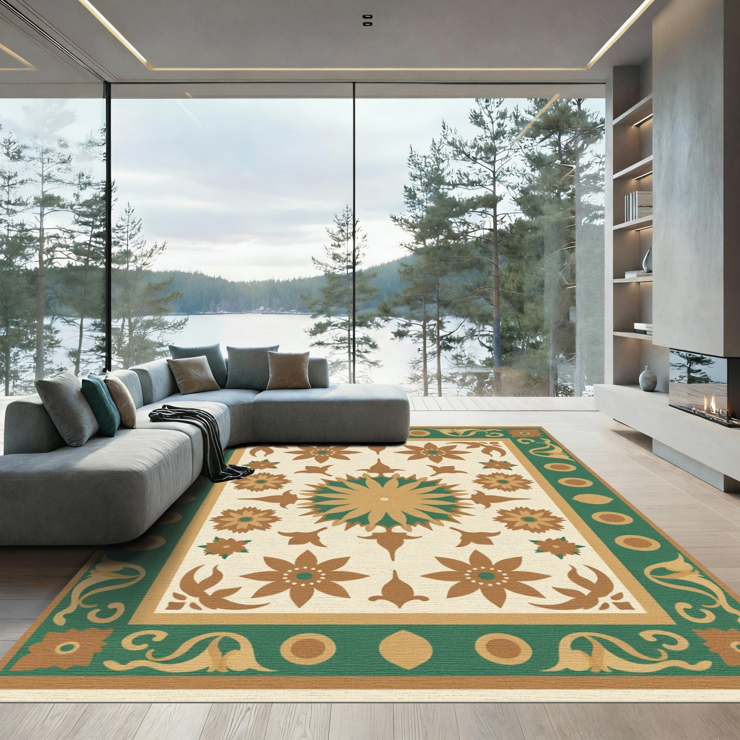 Golden Green Floral Medallion Motif Rug