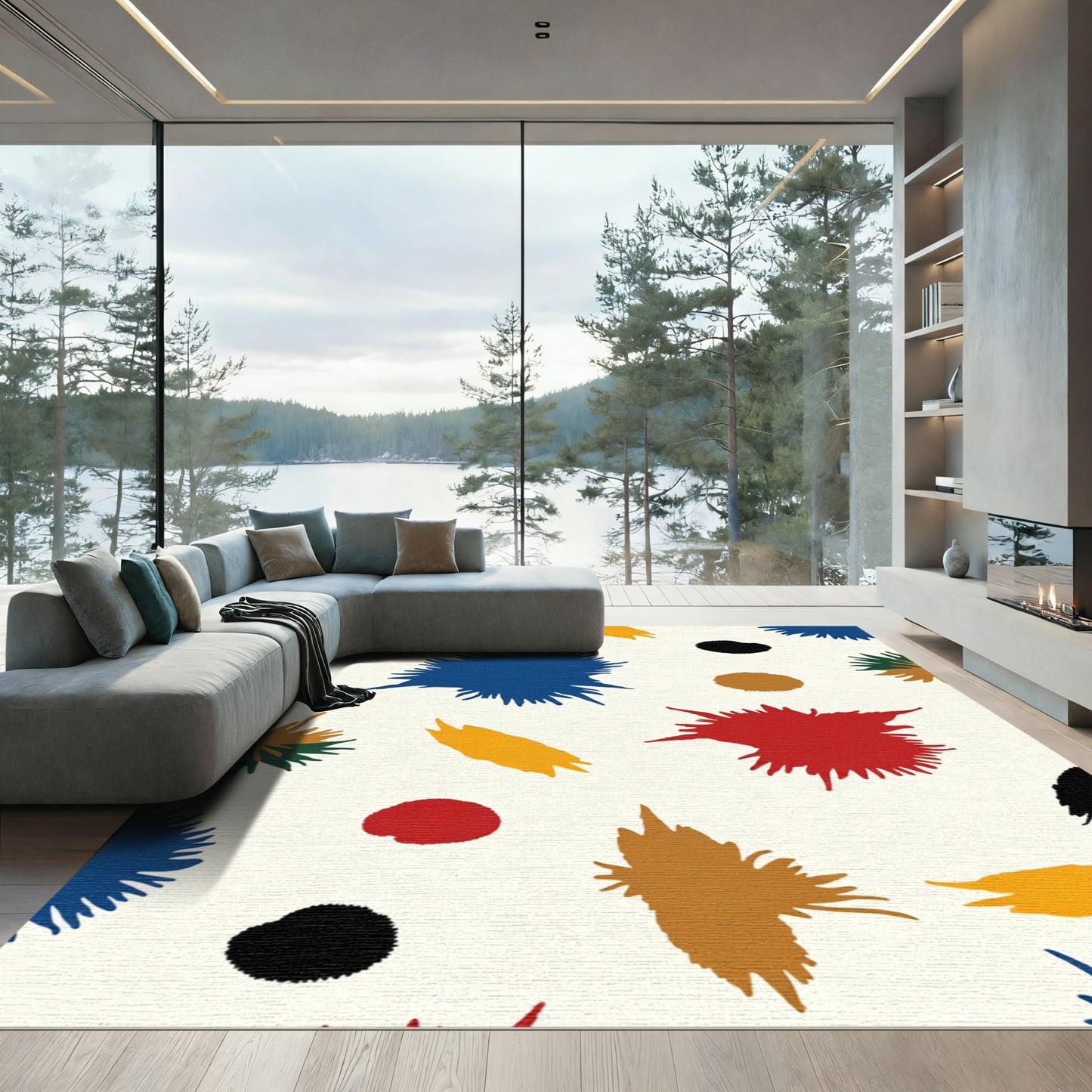 Abstract Splatter Red Blue Gold Rug