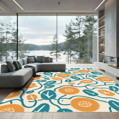 Abstract Orange Teal Floral Vine Rug
